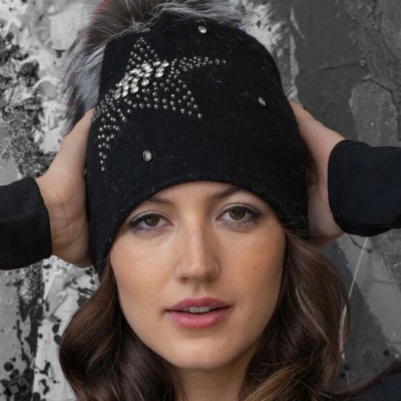 NWT New Adrienne Landau Black Crystal Embellished Wool Star Pom Pom Hat/Beanie main image 7
